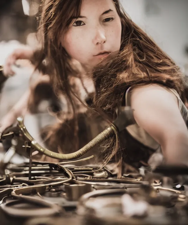 Prompt: A beautiful girl makes bronze gear, 50mm photo, soft light, extremely high details, motion blur