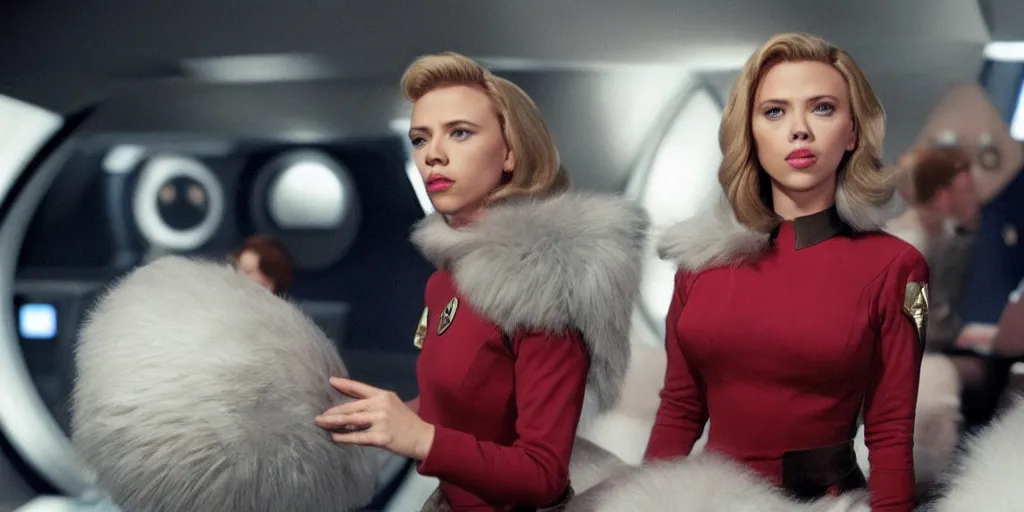 Image similar to Scarlett Johansson and Tribbles in a scene from Star Trek