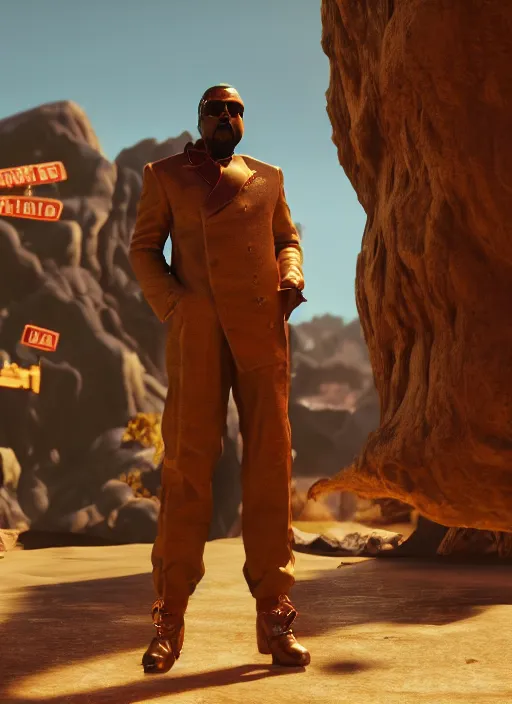 Image similar to Kanye West as willy wonka in fallout new vegas, splash art, movie still, cinematic lighting, dramatic, octane render, long lens, shallow depth of field, bokeh, anamorphic lens flare, 8k, hyper detailed, 35mm film grain