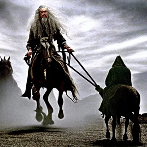 Prompt: gandalf riding in a cart being pulled by a horse, style of h. r. giger, cinematic, movie still, cgi, directed by ridley scott