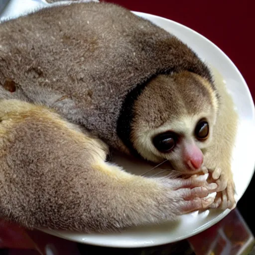 Prompt: half slow loris half parmesan crumbling on my tummy