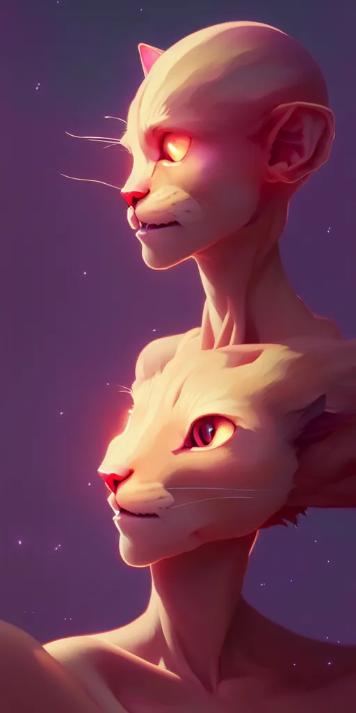 Image similar to portrait of humanoid cat, beautiful body, highly detailed vfx portrait, unreal engine, greg rutkowski, loish, rhads, beeple, makoto shinkai and lois van baarle, ilya kuvshinov, rossdraws, tom bagshaw, alphonse mucha, global illumination, detailed and intricate environment