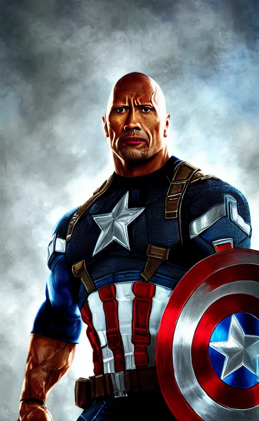 Image similar to dwayne johnson as captain america, dynamic lighting, cinematic, ultra detailed, trending on art station, stunning visuals, creative, fantasy concept art