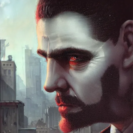 Prompt: portrait of a greying pale vampire police officer with short hair and a patchy beard, close up, grimy streets in the backdrop, highly detailed, sharp focus, art by tom bagshaw and manuel sanjulian