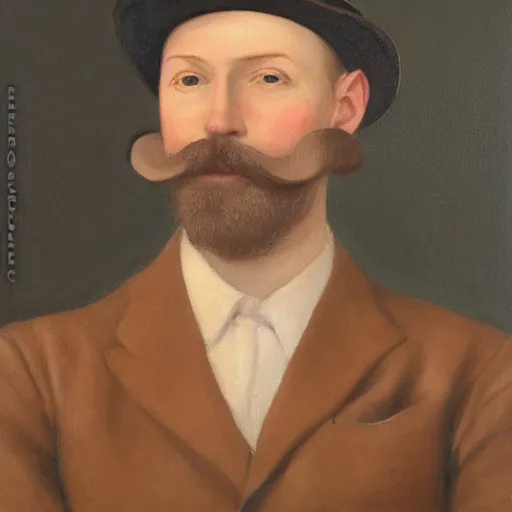 Prompt: portrait of a british man in a flat hat, a small mustache, and a nice brown suit, oil painting