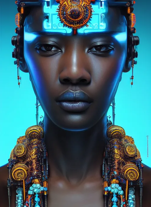 Image similar to portrait of a cyberpunk machine, machine face, upper half portrait, decorated with beads, african man, cyan spike aura, traditional chinese art, intricate, elegant, highly detailed, headpiece, digital painting, artstation, concept art, smooth, sharp focus, illustration, art by artgerm and greg rutkowski and alphonse mucha, 8 k