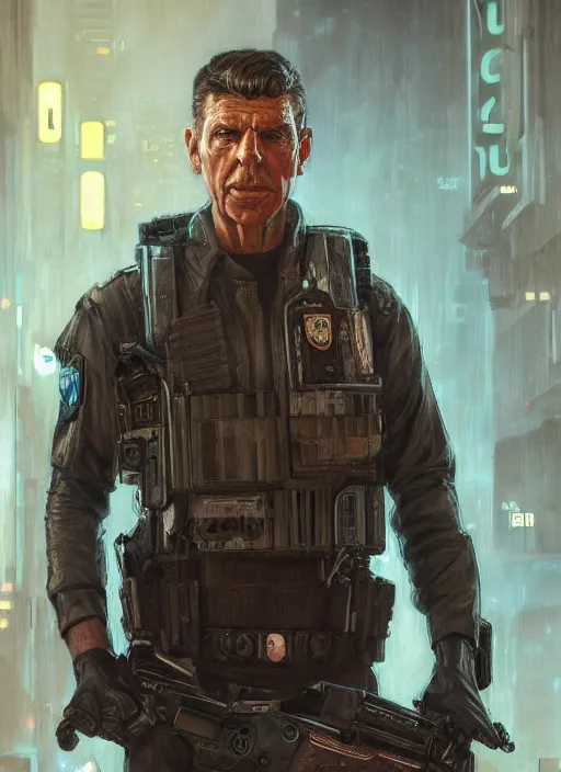 Image similar to andy griffith. cyberpunk police trooper in a military vest ( blade runner 2 0 4 9, cyberpunk 2 0 7 7 ). orientalist portrait by john william waterhouse and james gurney and theodore ralli and nasreddine dinet, oil on canvas. cinematic, hyper realism, realistic proportions, dramatic lighting, high detail 4 k