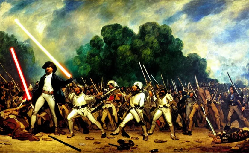 Prompt: liberty leading the people, french revolution, eugene delacroix, jedi, lightsaber, ewoks, endor forest, oil on canvas