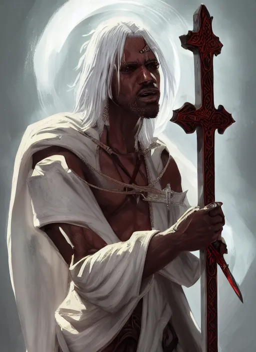 Prompt: a highly detailed illustration of sadistic white haired tanned african priest wearing white robe, wielding bloody cross sword, gothic church background, intricate, elegant, highly detailed, centered, digital painting, artstation, concept art, smooth, sharp focus, league of legends concept art, wlop