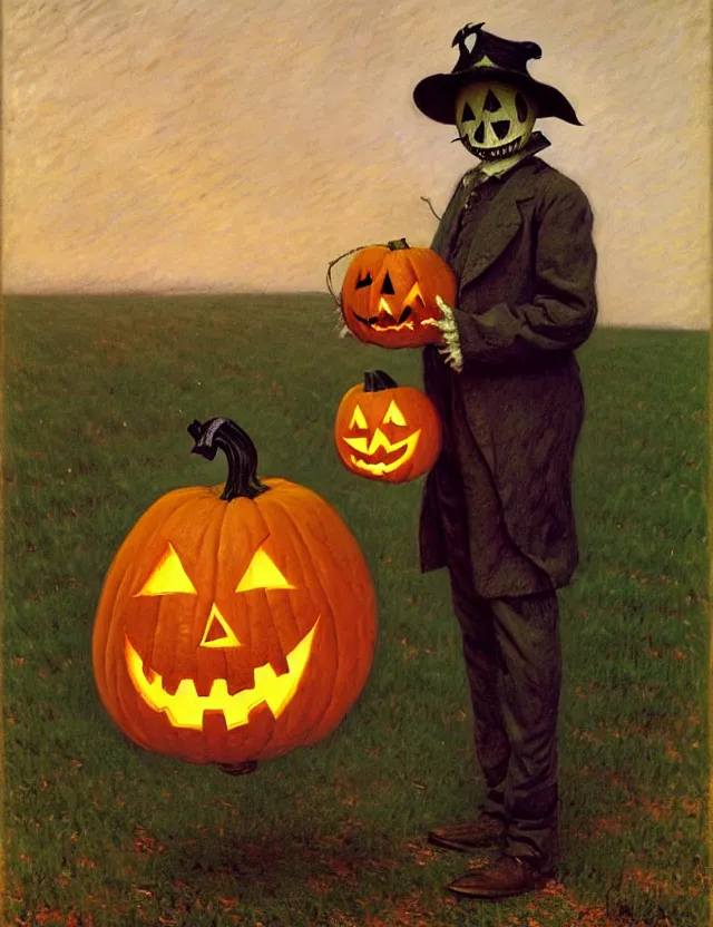 Image similar to a scarecrow with a jack - o - lantern head, holding a lantern, as a matte oil painting and d & d character art, by gustave caillebotte, standing, fullbody, flying bats, loose pages, concept art, award - winning, extremely detailed, sharp focus