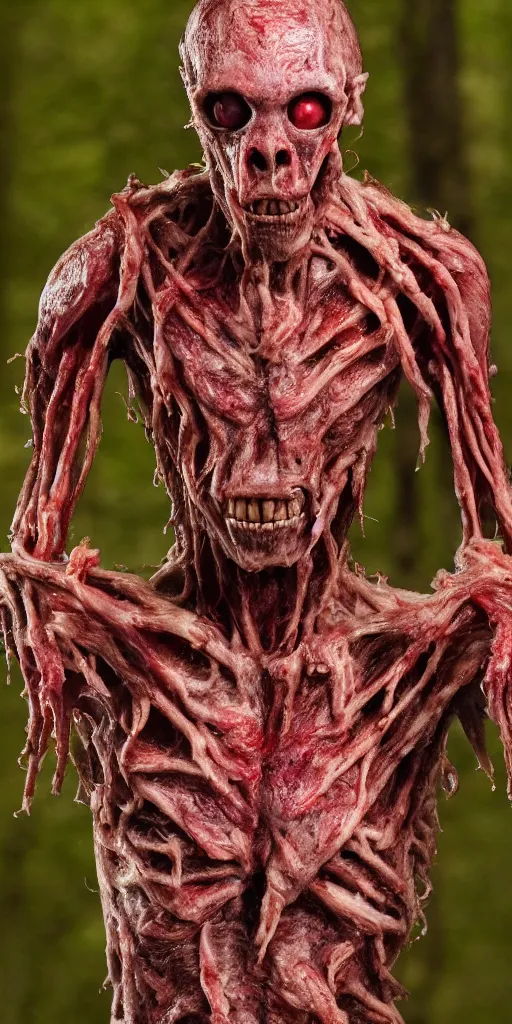 Image similar to photorealistic ultra detailed humanoid creature made of decomposed bloody flesh and bones, the woods, night, extremly detailed, 8 k, realistic, sharp focus, cosmic horror creature, cosmic horror, from the movie the thing, mysterious creature, bloody eyes