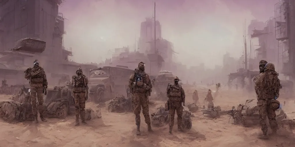 Image similar to private military company operatives standing outside immigration check point with severe sand storm across the sky, cinematic, realistic, detailed, intricate, digital art, ambient lighting, by jordan grimmer, pop art style, 3 5 mm film grain, artstation