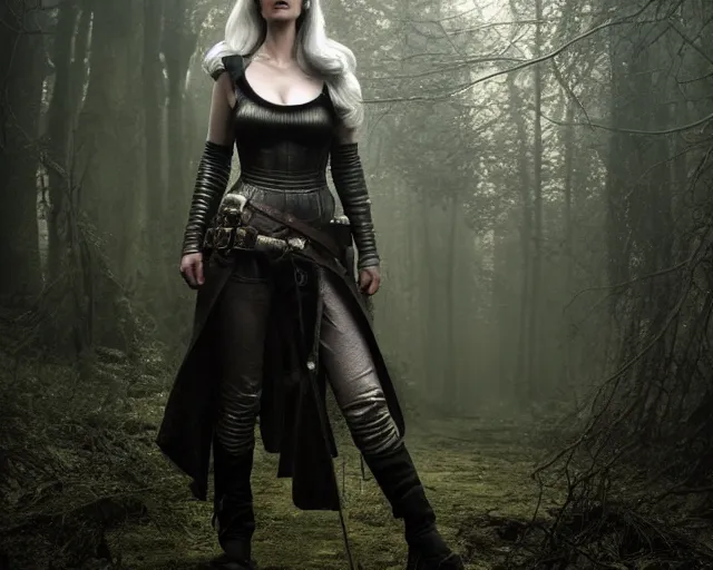 Image similar to 5 5 mm portrait photo of a real life tough looking eva green as ciri in leather armor with silver hair and a large scar along her left cheek, in a magical forest. dark atmosphere. art by greg rutkowski. highly detailed 8 k. intricate. lifelike. soft light. nikon d 8 5 0.