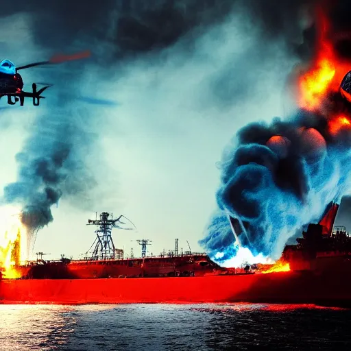 Image similar to big oil tanker on fire, smoke, night, emergency, blue water, cyberpunk, future, helicopters, high detail