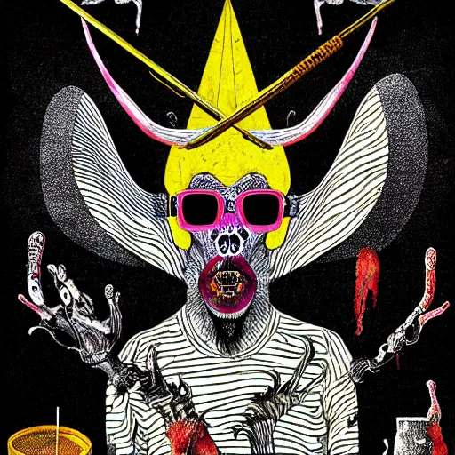 Image similar to graphic illustration, creative design, baphomet, biopunk, francis bacon, highly detailed, hunter s thompson, mixed media