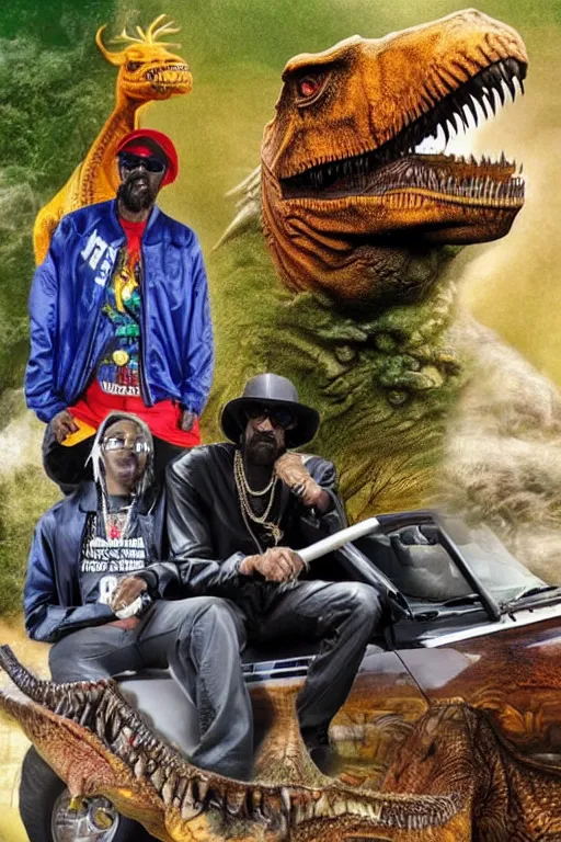 Prompt: Tone mapped Snoop Dogg and Donald Trump riding a T-Rex and smoking a blunt