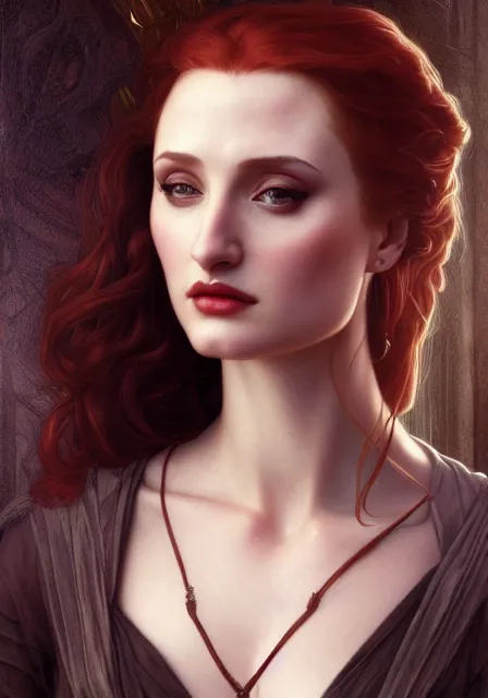 Image similar to sansa angeline jolie gessica chastain vampire, intricate, elegant, highly detailed, digital painting, artstation, concept art, smooth, sharp focus, illustration, art by artgerm and greg rutkowski and alphonse mucha and william - adolphe bouguereau