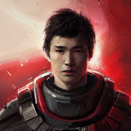 Image similar to portrait of a man by greg rutkowski, mixture between russian and japanese, black messy hair, star wars expanded universe, he is about 2 0 years old, wearing red tactical gear of the galactic triunvirate, highly detailed portrait, digital painting, artstation, concept art, smooth, sharp foccus ilustration, artstation hq