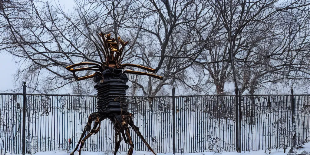 Image similar to a sculpture of a huge iron spider in the fence of the winter palace