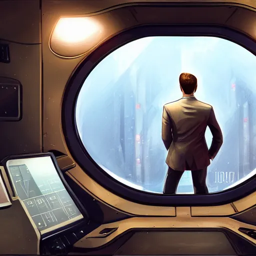 Prompt: A rich man in a suit looking out of the window of a space station ,D&D, badass, elegant, hopeful, muscular, highly detailed, digital painting, artstation, concept art, smooth, sharp focus, illustration