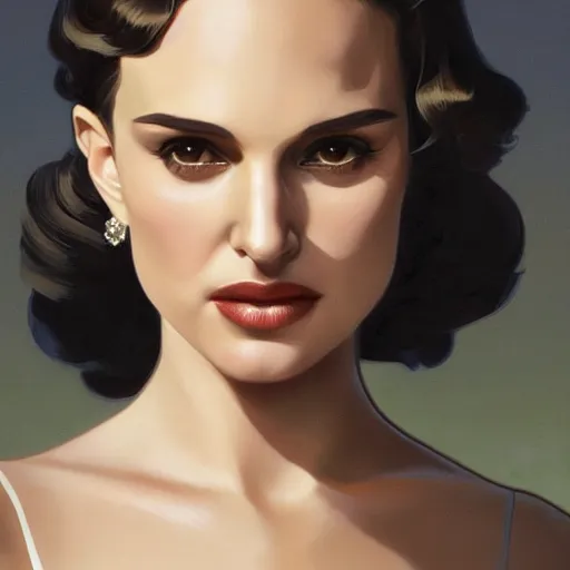 Image similar to a closeup portrait of a young natalie portman, 1 9 2 0 s, diva, femme fatale, detective thriller, gorgeous view, night, film noir, eerie, high detail, art by artgerm and greg rutkowski and alphonse mucha, digital art, trending on artstation