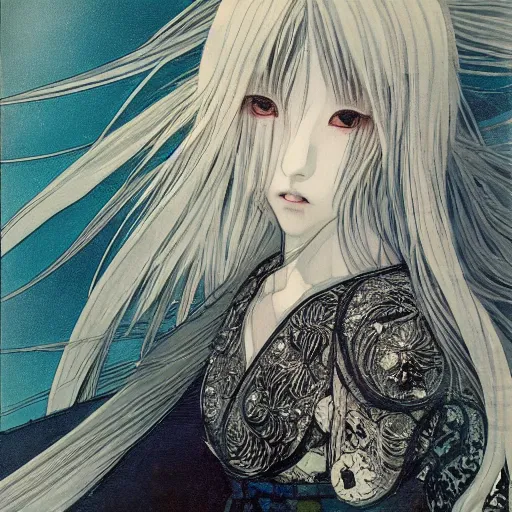 Image similar to yoshitaka amano blurred and dreamy realistic illustration of a japanese woman in anime style with black eyes, wavy white hair fluttering in the wind wearing elden ring armor with engraving, abstract patterns in the background, satoshi kon anime, noisy film grain effect, highly detailed, renaissance oil painting, weird portrait angle, blurred lost edges, three quarter view