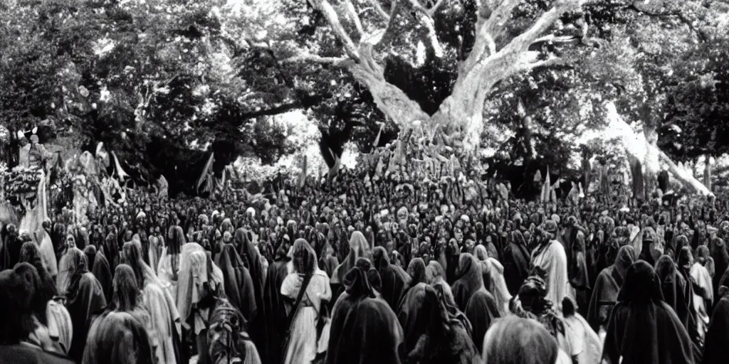 Prompt: 35mm picture of Aragorn being crowned king under the white tree of Minas Tirith, lord of the rings