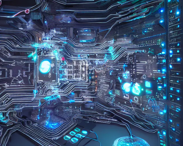 Image similar to artificial intelligence, server in the middle, deep view, heavy blue led lights, wires connected, award winning, extremely detailed, artstation, 8 k, incredible art