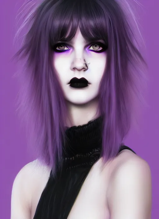 Image similar to portrait of white teenage girl, normal face, black bangs, mall goth, cyberlox, black and white hair, bangs, fluffy bangs, red contacts, purple lipstick, intricate, elegant, highly detailed, digital painting, artstation, concept art, sharp focus, smooth, illustration, art by wlop, mars ravelo and greg rutkowski