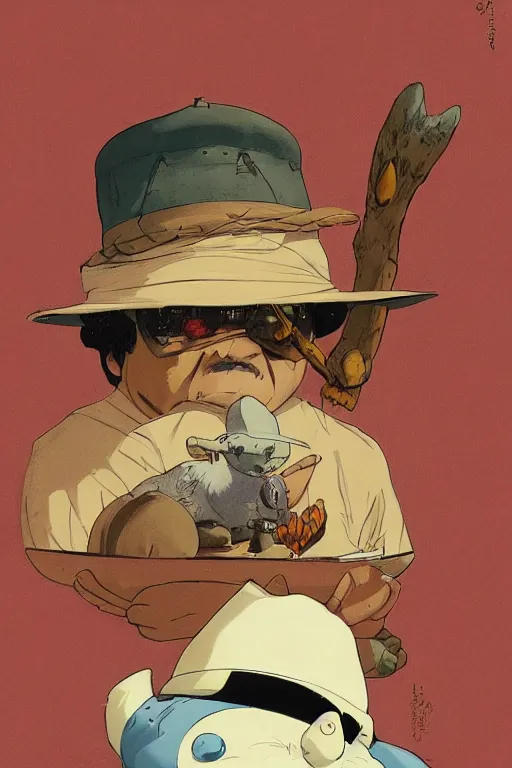 Image similar to full page illustration, a proud hunter wearing a pith hat sitting in front of the big snorlax he killed, by jean giraud, Katsuhiro Otomo, Geof Darrow, Phil hale, Ashley wood, Ilya repin, frank frazetta8k, hd, high resolution