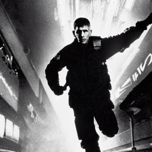 Image similar to film still blade runner Officer Deckard wearing Nike ACG techwear