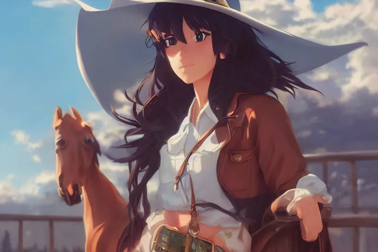 Image similar to cowgirl western girlfriend, scenic full shot, ambient lighting, detailed face, by makoto shinkai, stanley artgerm lau, wlop, rossdraws