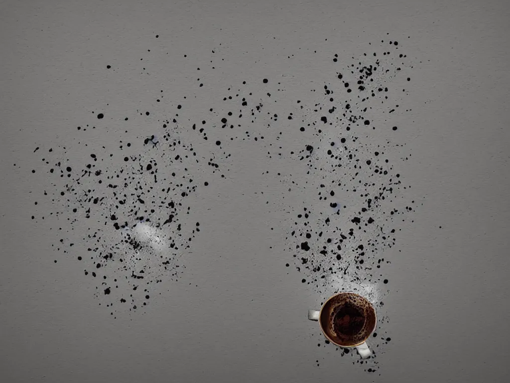 Image similar to 3D art, a coffee cup shattering against a wall