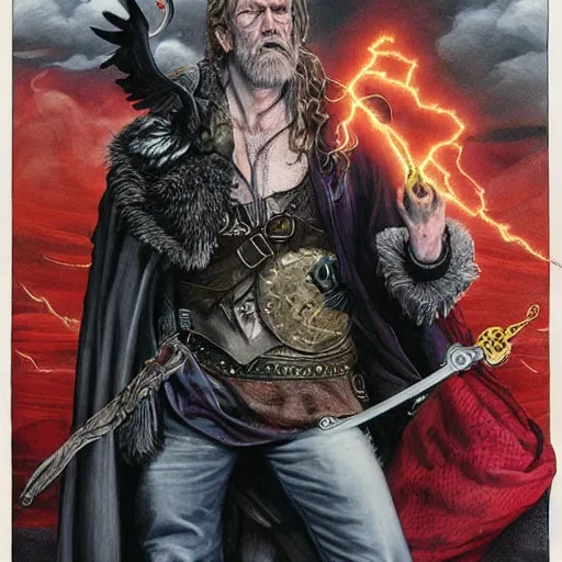 Prompt: hugh laurie as odin with only one eye, wearing a leather eyepatch, a raven on his shoulder, dark dramatic background, stormy clouds, lightning, very detailed painting by Glenn Fabry, by Joao Ruas, by Artgerm