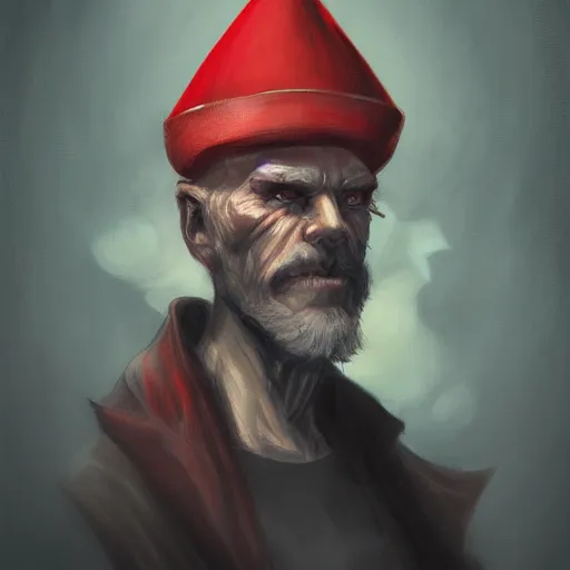 Prompt: A painting of an evil sorcerer, he has a red hat, by Guillaume Menuel, high detail, 8k, digital art