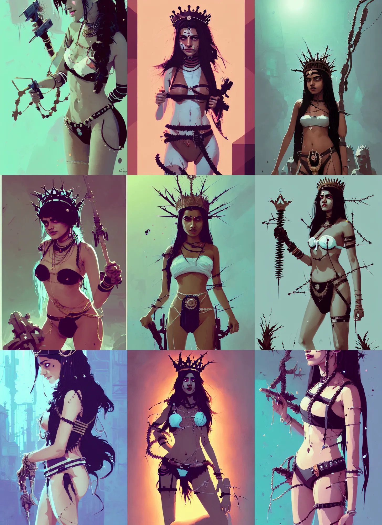 Prompt: portrait of cute indian girl with crown of thorns and black hairs, dressed in belts bikini, warhammer, cyberpunk, by atey ghailan, by greg rutkowski, by greg tocchini, by james gilleard, by joe gb fenton, by kaethe butcher, dynamic lighting, gradient light blue, brown, blonde cream and white color in scheme, grunge aesthetic