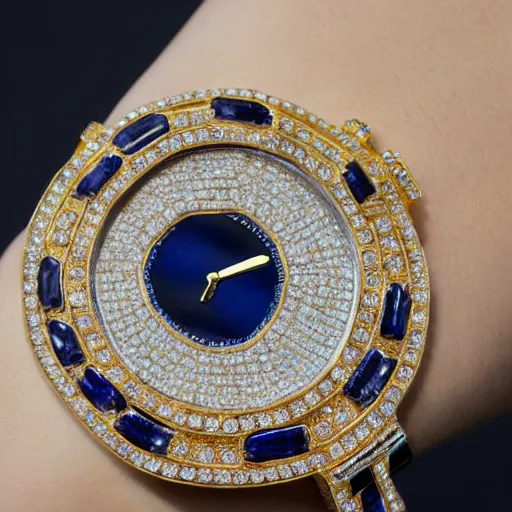 Image similar to close up of a sapphire and gold wrist watch, intricate, complex, high detail