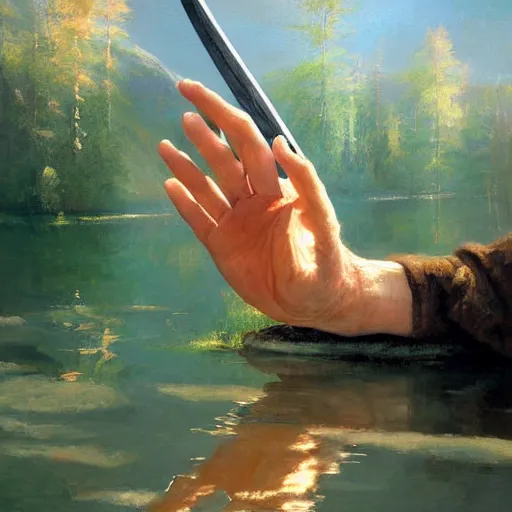 Prompt: a beautiful painting of a hand appearing from a lake holding a sword by james gurney, craig mullins