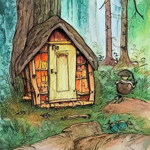 Prompt: kawaii baba yaga's hut in forest, watercolour illustration, beatrix potter watercolour