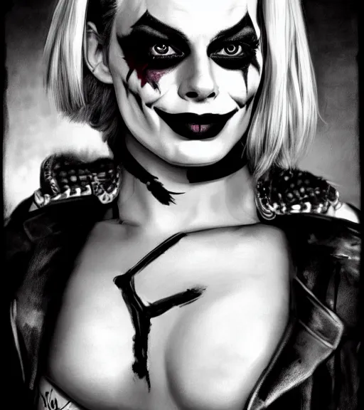 Prompt: a realism drawing of margot robbie as harley quinn portrait with joker makeup, in the style of den yakovlev, realistic face, black and white, realism, hyper realistic, highly detailed
