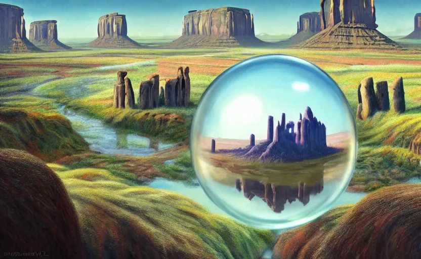 Image similar to a scary hyperrealist painting of a tribal village in a giant transparent forcefield crystal ball from howl's moving castle ( 2 0 0 4 ) in a flooded monument valley stonehenge jungle. depth perception, 4 k, artstation, in the style of studio ghibli