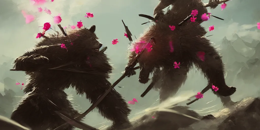 Image similar to an environmental concept art of samurai anthropomorohic black bear, samurai duel, sakura petals blowing in the wind, highly detailed, environmental light, epic, 8 k, artstation, deviantart, award winning, cinematic by francis tneh