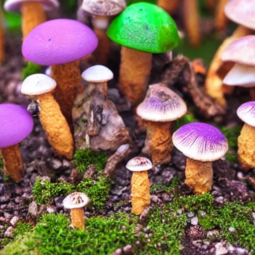 Prompt: close up photograph of small scale mushrooms village, fantasy world