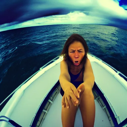 Prompt: Selfie!!!!! of a frightened!!!!! woman, in the middle of the ocean!!!!!, nighttime!!!!, cloudy dark sky, first-person view, fisheye!!!!! lens!!!!!, photorealistic image, trending on artstation, 4k, 8k