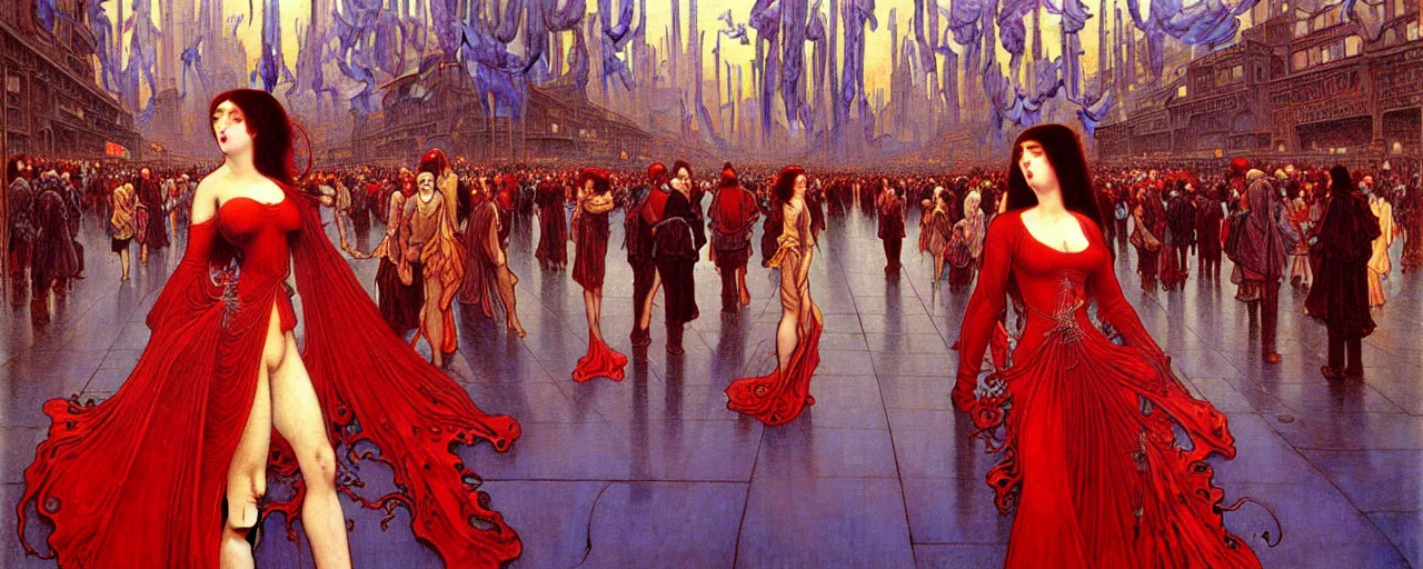 Image similar to realistic extremely detailed full height portrait painting of a girl with dark hair and red dress in a crowded sci-fi city street, very detailed crowd by Jean Delville, Amano, Yves Tanguy, Alphonse Mucha, Ernst Haeckel, Edward Robert Hughes, Roger Dean, rich moody colours, blue eyes