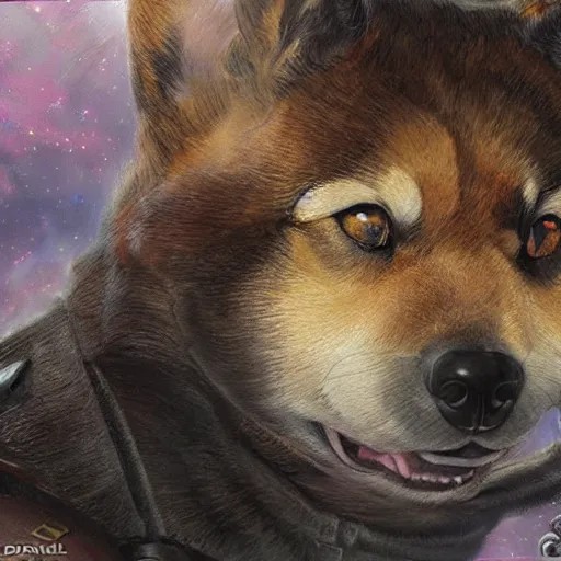 Prompt: The Shiba Inu Space Marine, close-up portrait art by Donato Giancola and James Gurney, digital art, trending on artstation