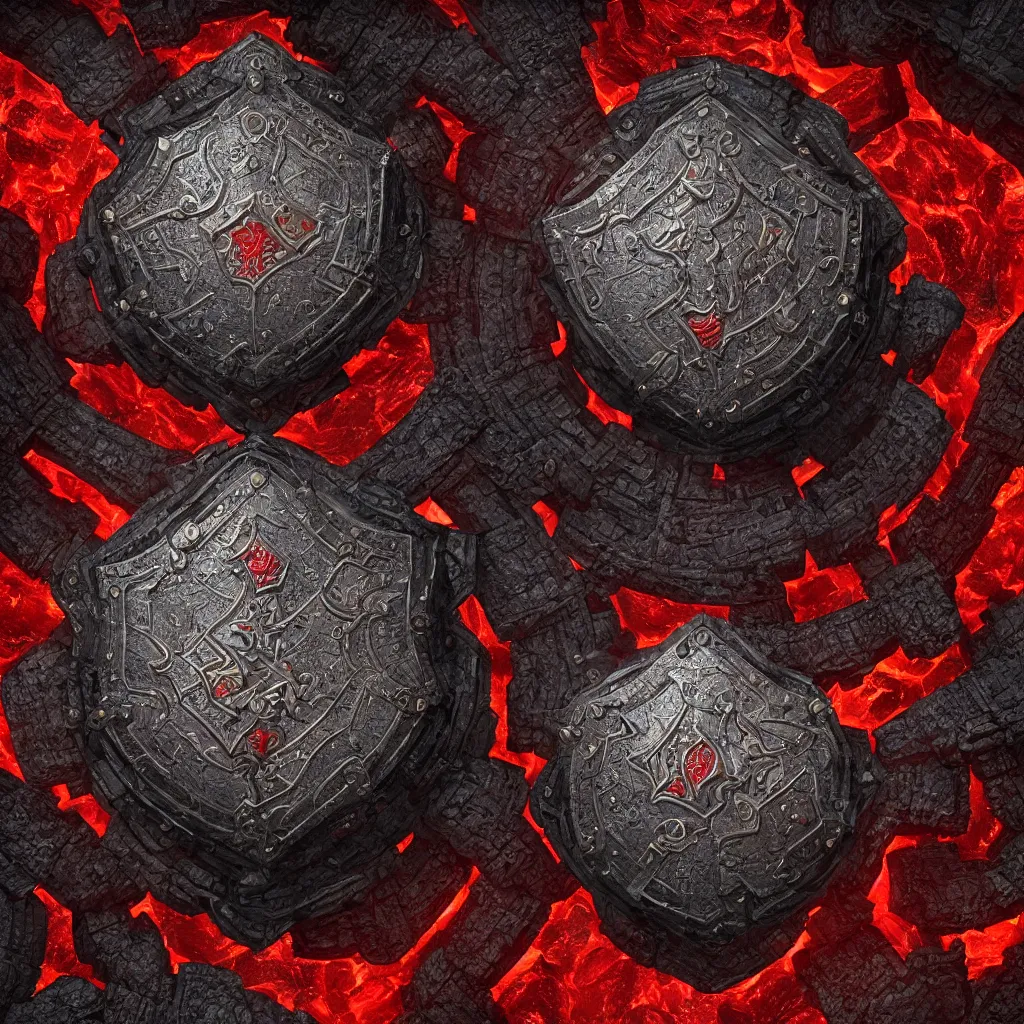 Image similar to ornate and detailed round battle shield made of lava rock and dragon scales, wide angle shot, red and obsidian colors, dungeons and dragons themed, 4 k octane digital render, unreal engine 5, styled by greg rutkowski and extreme levels of detail
