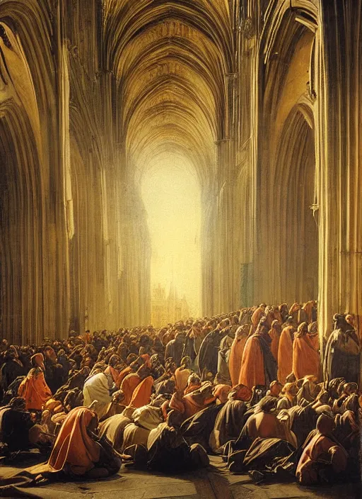 Prompt: elisabeth louise vigee - le brun painting of large crowd of medieval monks in giant in a gothic cathedral interior raising new magical glowing spirit, at dusk sun lit light, old master painting with stunning lighting and details photoreal dusk sun lit light,