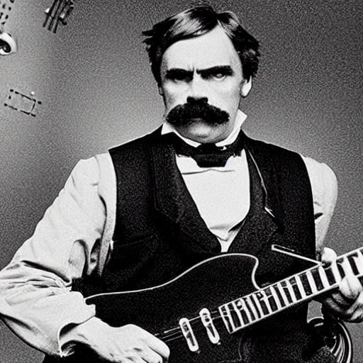 Prompt: Friedrich Nietzsche wearing an all-black outfit and playing an electric guitar in a bar, 8k, cinematic