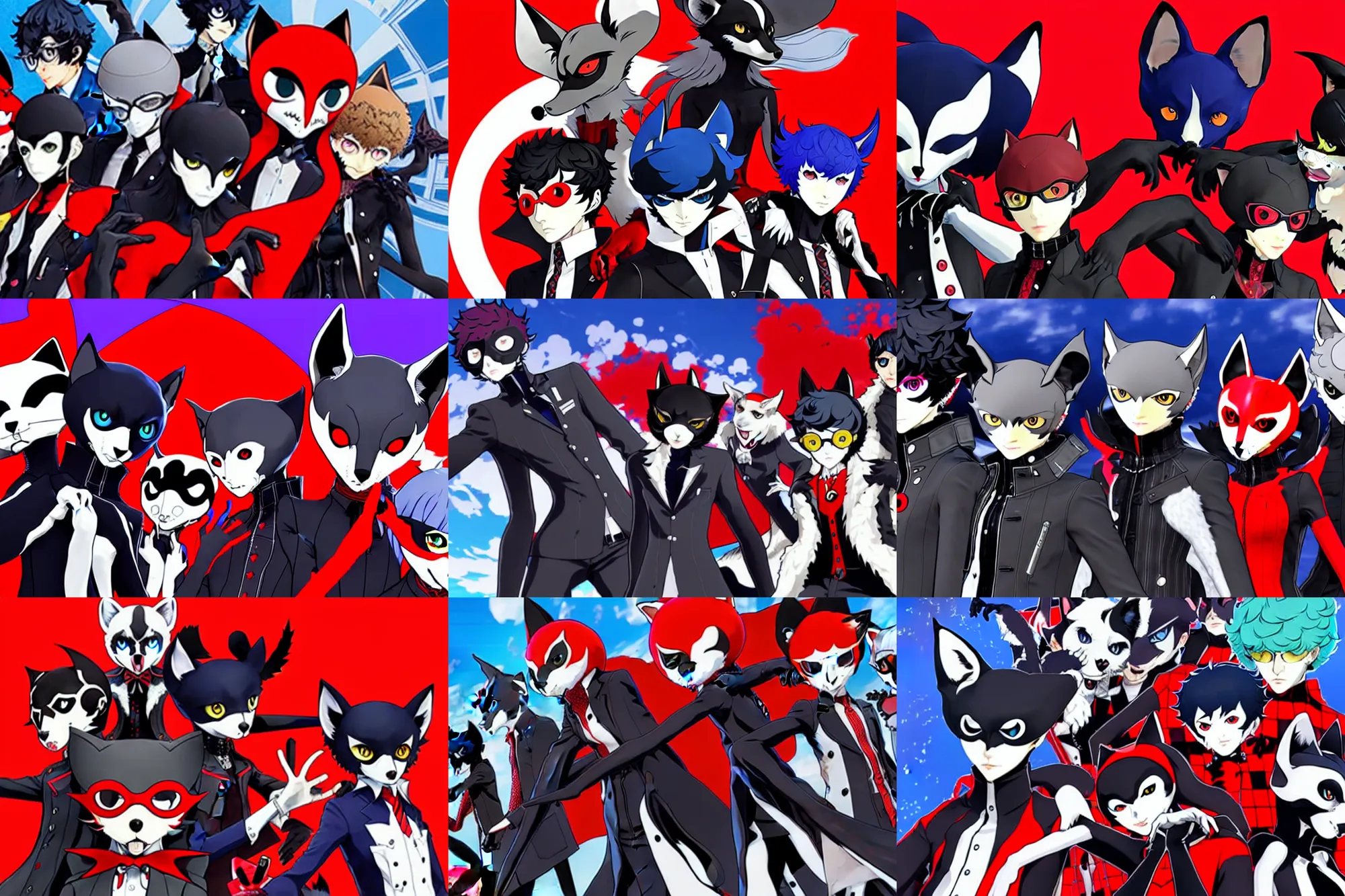 Prompt: the phantom thieves from persona 5 ( by atlus ), featuring : a furry male sand fox fursona, a furry red - black male weasel fursona, and a furry blue male catbat fursona